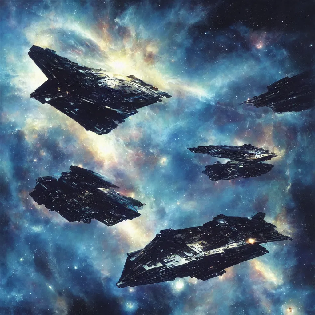 Prompt: “a geometrically complex spaceship in a nebula deep in space, sci-fi concept art, 8k, by John Harris, by John Berkey”
