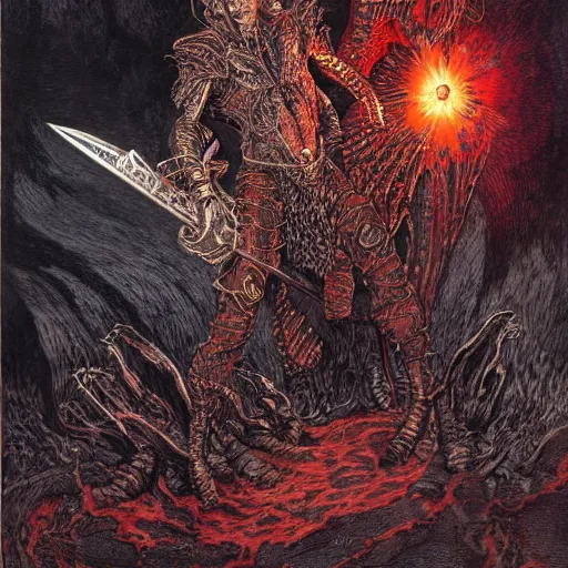 Image similar to arnold swarchenegger with giant sword fights ugly demon, dark fantasy art by kentaro miura, gustave dore, jean giraud, philippe druillet