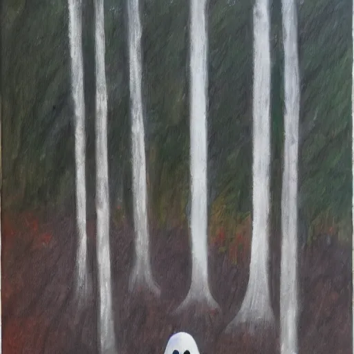 Image similar to ghost in haunted forest, brush strokes, oil painting