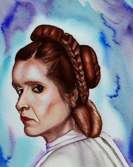 Prompt: a watercolor portrait of princess leia