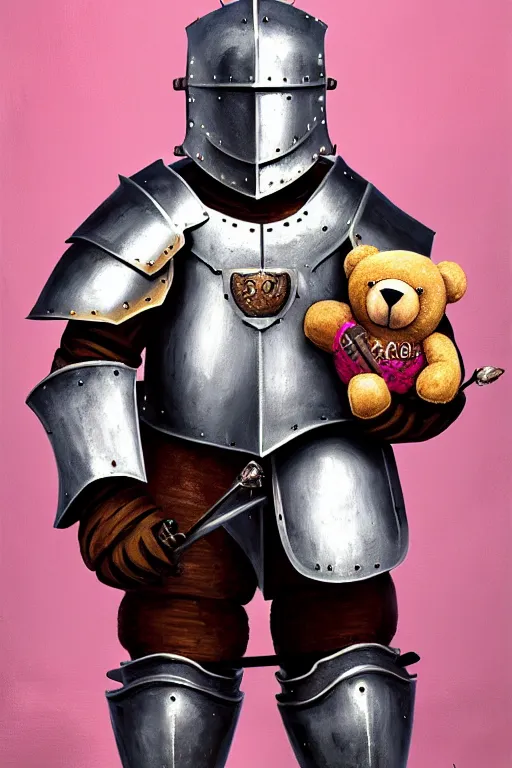 Image similar to a matte oil painting of a knight in full iron plate armor that is holding a teddy bear, inside a pink bedroom, in the style of an oil painting and d & d art, fullbody, photorealistic, sharp focus, award - winning, extremely detailed, 4 k,