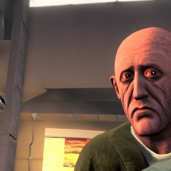 Image similar to Mike Ehrmantraut in Los Santos, screenshot from the PS2 version of GTA San Andreas, orange sky