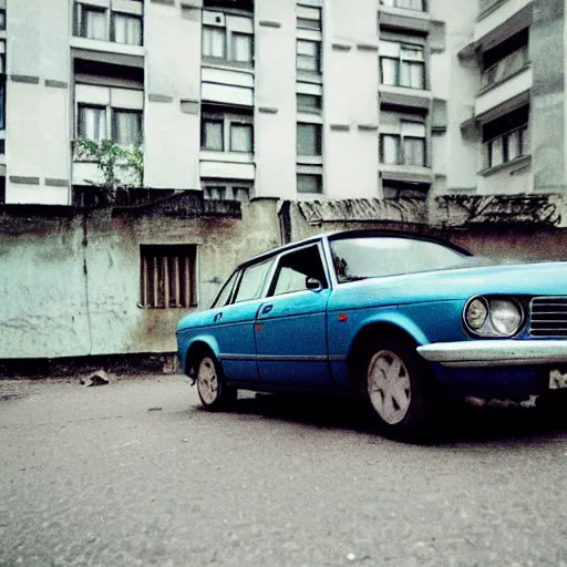 Prompt: low angle shot of russian car in soviet yard with block of flats, low grain film,polaroid, masterpiece, blur, mid day in style of william egglestone