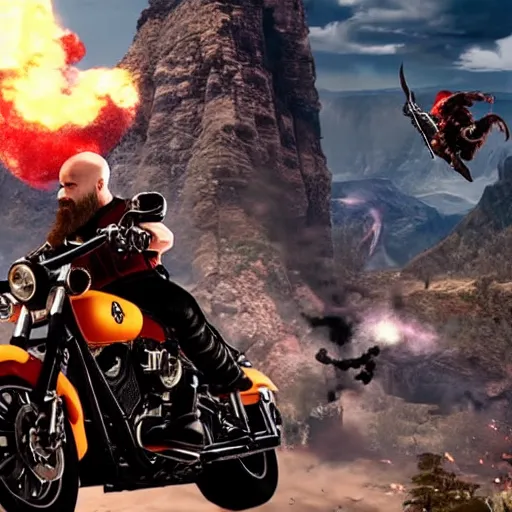 Image similar to kratos jumping a black harley - davidson motorcycle off a cliff, cinematic render, playstation studios official media, god of war 2 0 1 8, flames, centered, red tattoos