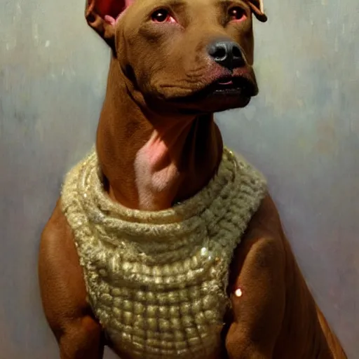 Prompt: a portrait of an anthromorphic pitbull female wearing a sweater and smiling at the viewer. highly detailed painting by gaston bussiere, craig mullins, j. c. leyendecker 8 k