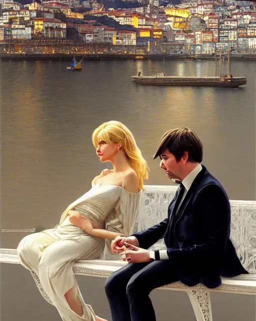 Image similar to Portrait of a  blonde lady and Michael mcintyre listening to Oasis on the Porto waterfront,real life skin, intricate, elegant, highly detailed, artstation, concept art, smooth, sharp focus, art by artgerm and greg rutkowski and alphonse mucha