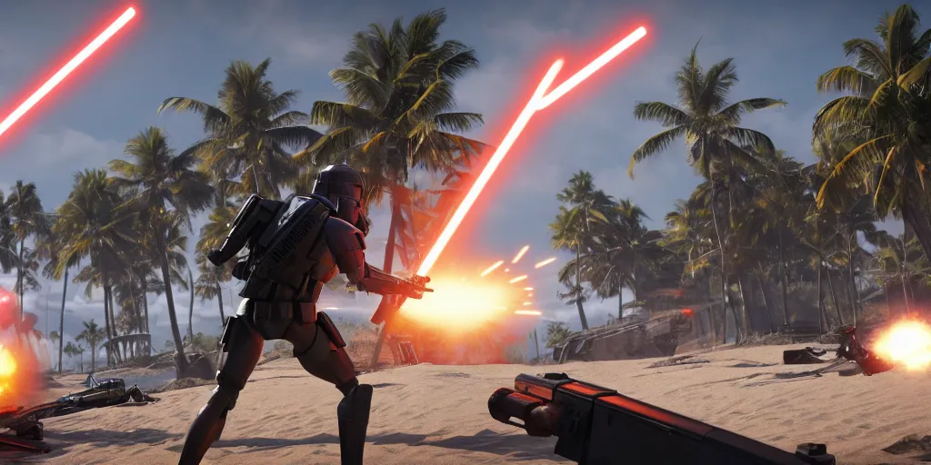 Image similar to screenshot of shore trooper, on scarif, ea star wars battlefront 2015, shooting lazers, highly detailed