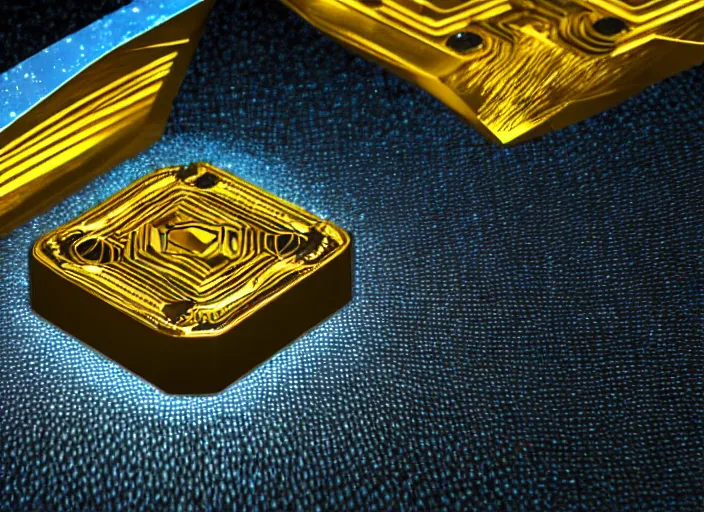 Prompt: magic golden computer chip with a crystal on the center, made by an artificer, product photo, octane render, unreal engine 5, 4 k, 8 k