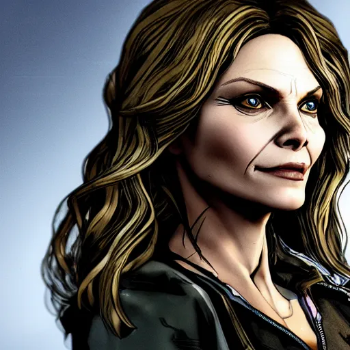 Image similar to michelle pfeiffer portrait, borderlands, tales from the borderlands, the wolf among us, comic, cinematic lighting, studio quality, 8 k