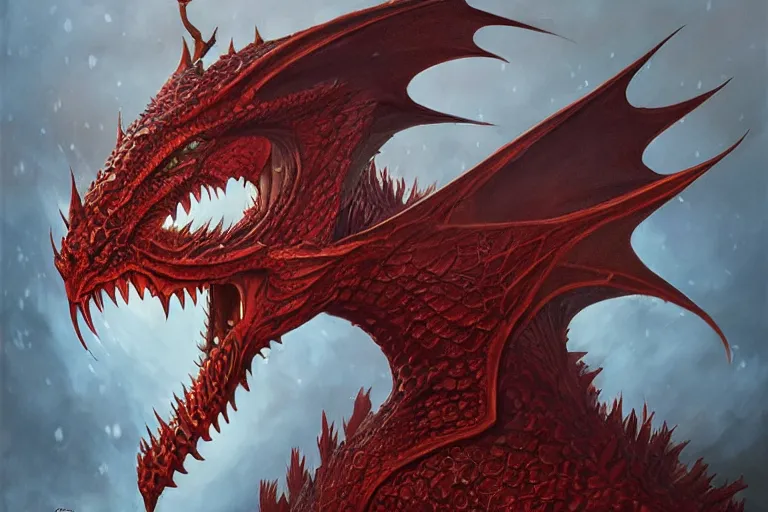 Image similar to An awesome portrait painting of a red dragon, by todd lockwood, Wizards of the Coast, Magic The Gathering, Blizzard, Games Workshop, Greg Rutkowski, Craig Mullins, WETA, Elder Scrolls.