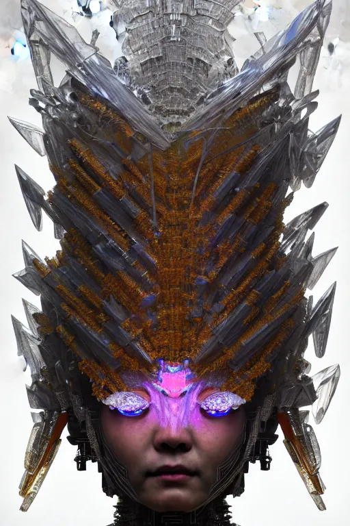 Image similar to asura from chinese myth, ghost, gorgeous and huge head ornaments, dystopian, cyberpunk, organic fractal mycelum and fungi, mecha, halfturn portrait of a big crystal face made of crystals half - turn, ominous, intricate, studio, art by anthony macbain + greg rutkowski + alphonse mucha, concept art, 4 k, sharp focus