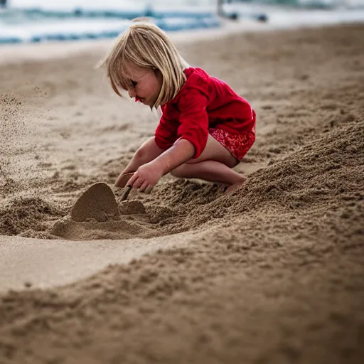 Image similar to little blond girl, making a sandcastle!!! on an Australian Beach, (((red)))!!! sand, shovel, waves, golden hour, Canon EOS R3, f/1.4, ISO 200, 1/160s, 8K, RAW, unedited, symmetrical balance, in-frame