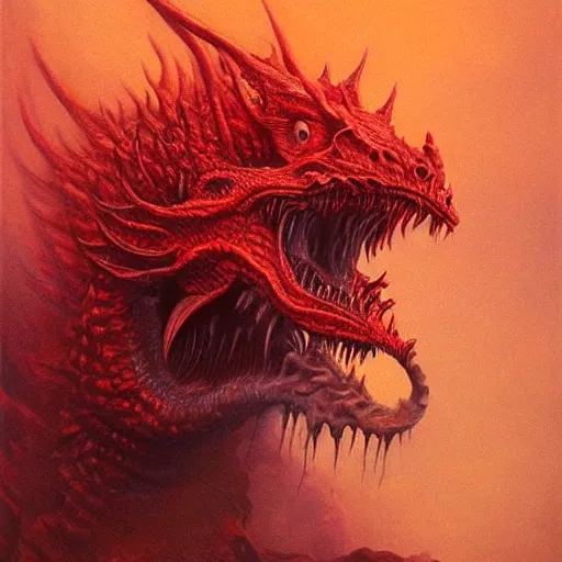 Prompt: A hyperrealistic oil painting of a ferocious highly detailed red dragon breathing fire, art by beksinski, trending on artstation