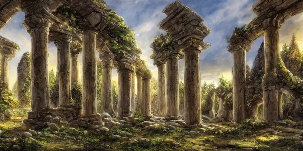 Prompt: painting of elven ruins built from white marble in the wilderness, mysterious, fantasy