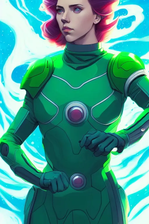 Image similar to style artgerm, joshua middleton, illustration, scarlett johansson as space astronaut wearing green pelt light armor, anime eyes, blue hair, swirling water cosmos, fantasy, dnd, cinematic lighting