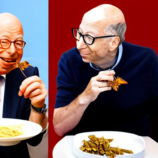 Prompt: klaus schwab and bill gates eating very delicious fried grasshoppers and worms, served with pasta, ultra realistic