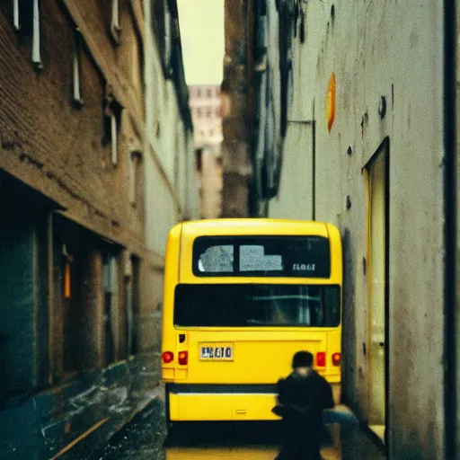 Prompt: 1990s perfect 8K HD professional cinematic photo of a bus in dystopian alleyway, at evening during rain, at instagram, Behance, Adobe Lightroom, with instagram filters, depth of field, taken with polaroid kodak portra