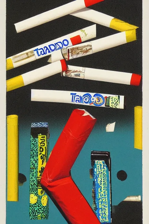 Prompt: design for a vintage cigarette pack by tadanori yokoo