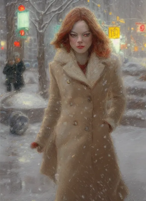 Prompt: emma stone in beige coat, portrait, walking in winter new york, snow, artwork by gaston bussiere, craig mullins, trending on artstation