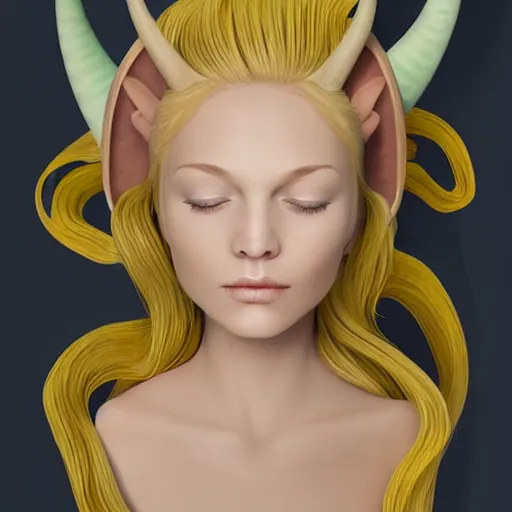 Image similar to sleeping short blonde half - dragon girl with two dragon horns, the head is tightly wrapped in plastic wrap with a market label on it. high detail, realistic, symmetrical face