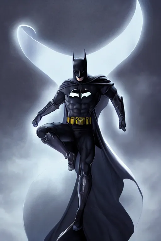 Image similar to characters portrait of MoonKnight mixed with Batman by ArtGerm and Tom Bagshaw, merged character, Full body shot, cinematic opening shot, 4k, highly detailed, cinematic lighting