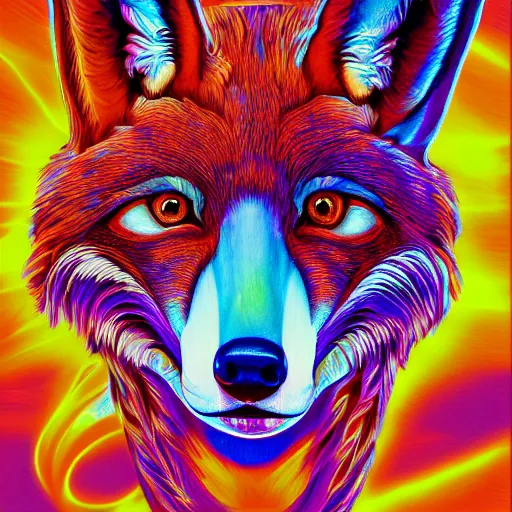 Prompt: portrait of a humanoid fox in the movie fear and loathing in las vegas, extremely detailed, psychedelic, trippy, digital painting, centered, cinematic lighting, vertical symmetry, trending, artstation