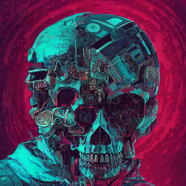 Image similar to a beautiful painting of a cyberpunk skull by james jean and pascal blanche and reza afshar. in style of colorful comic noir illustration, symmetry, sci fi, hyper detailed. octane render. trending on artstation