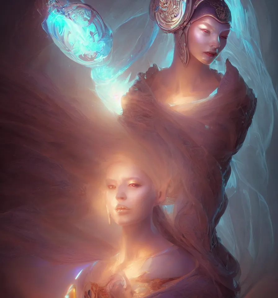 Prompt: portrait of a beautiful princess in robe. bio luminescent biomechanical halo around head. artwork by jarold Sng by artgerm, by Eddie Mendoza, by Peter mohrbacher by tooth wu, unreal engine, octane render, cinematic light, high details, iridescent colors, dichroic, macro