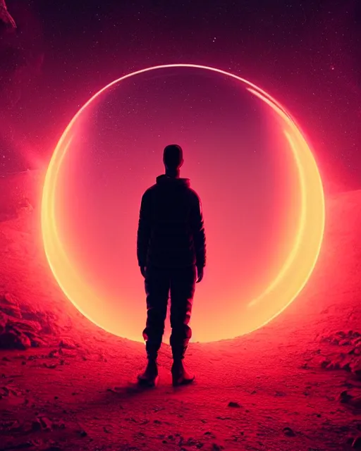 Image similar to a person standing in front of a glowy open door that's on a barren moon, poster art by mike winkelmann, trending on cg society, space art, sci - fi, ue 5, futuristic, volumetric lighting, light casting onto the ground, neat composition and camera angle