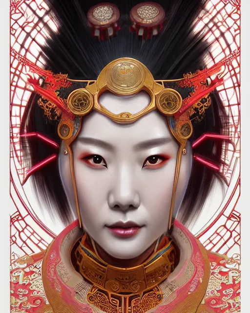 Image similar to portrait of a chinese cyberpunk machine, machine face, upper half portrait, decorated with chinese opera motifs, regal, asian, fine china, wuxia, traditional chinese art intricate intense elegant 京 剧 highly detailed digital painting artstation concept art smooth sharp focus illustration, art by artgerm and greg rutkowski alphonse mucha 8 k