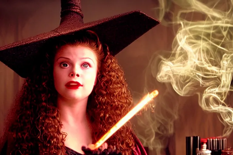Image similar to hclose up portrait, dramatic lighting, teen witch calmly pointing a magic wand casting a spell over a large open book on a table with, curly hair, cat on the table in front of her, sage smoke, a witch hat cloak, apothecary shelves in the background, still from the movie hook