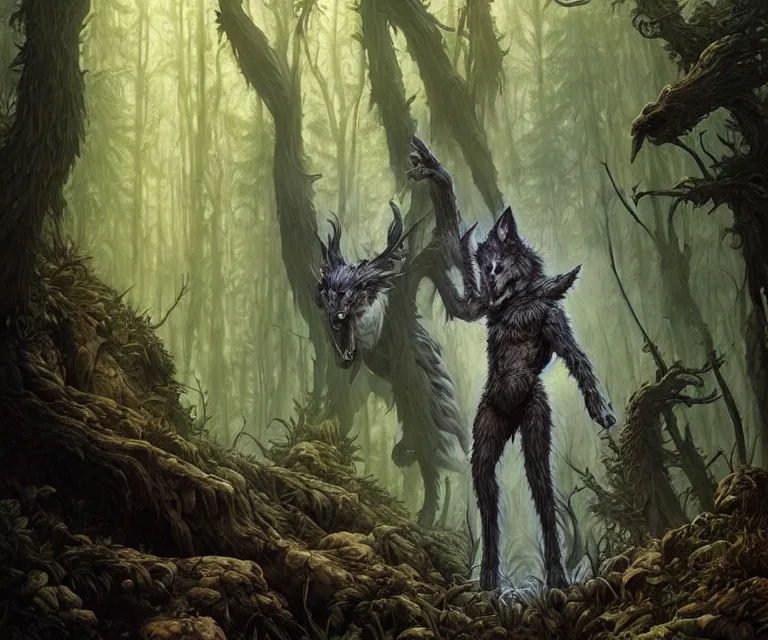 Image similar to wolf monster in a forest, dramatic lighting, ultra realistic, intricate details, forest, highly detailed by peter mohrbacher, allen williams, hajime sorayama, wayne barlowe, boris vallejo, aaron horkey, gaston bussiere, artgerm