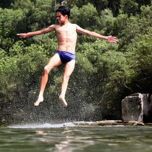 Prompt: sebastian pinera jumping to the water