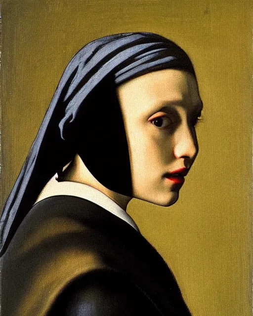 Prompt: darth vader looking over his shoulder, portrait in the style of girl with a pearl earring by johannes vermeer, high quality oil painting, highly detailed