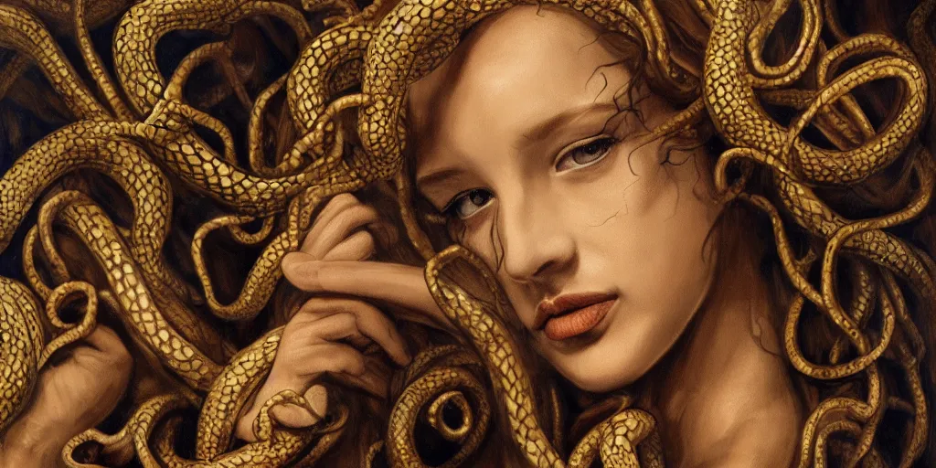 Prompt: realistic portrait of beautiful medusa with her snakes, golden, delicate, facing camera, hyper realism, 1 4 5 0, ink, ultra realistic, 8 k