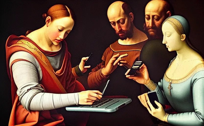 Image similar to renaissance painting of a queen swiping on his smartphone in the foreground, a king on his laptop in the background