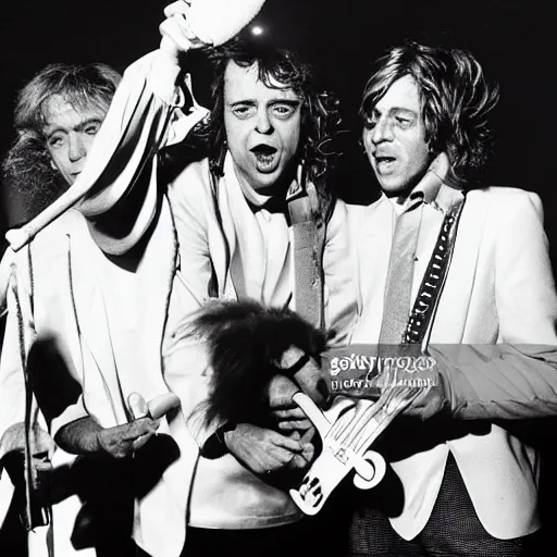 Image similar to bob geldof boomtown rats holding banana microphone, with banana costumed background singers, concert photo, getty images,