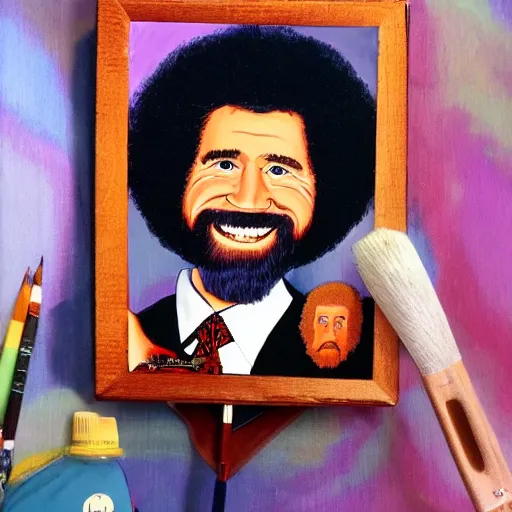 Image similar to Bob Ross as a cult leader, portrait painting