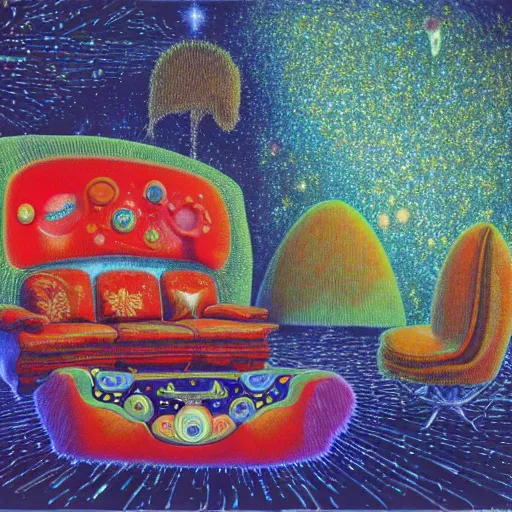 Prompt: psychedelic couch sofa in the pine forest, milky way, designed by moebius, rob gonsalves, gustav dore, giuseppe arcimboldo and carl barks, louis wain, trending on artstation, canada, star, sharp focus, colorful refracted sparkles and lines, soft light, 8 k 4 k