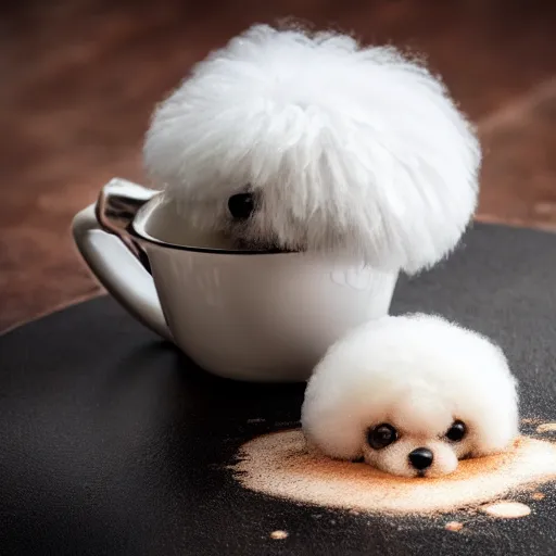 Image similar to a closeup photorealistic photograph of barista drawing bichon frise shaped latte art in a cup. professional capture, well lit shot. this 4 k hd image is trending on artstation, featured on behance, well - rendered, extra crisp, features intricate detail, epic composition and the style of unreal engine.