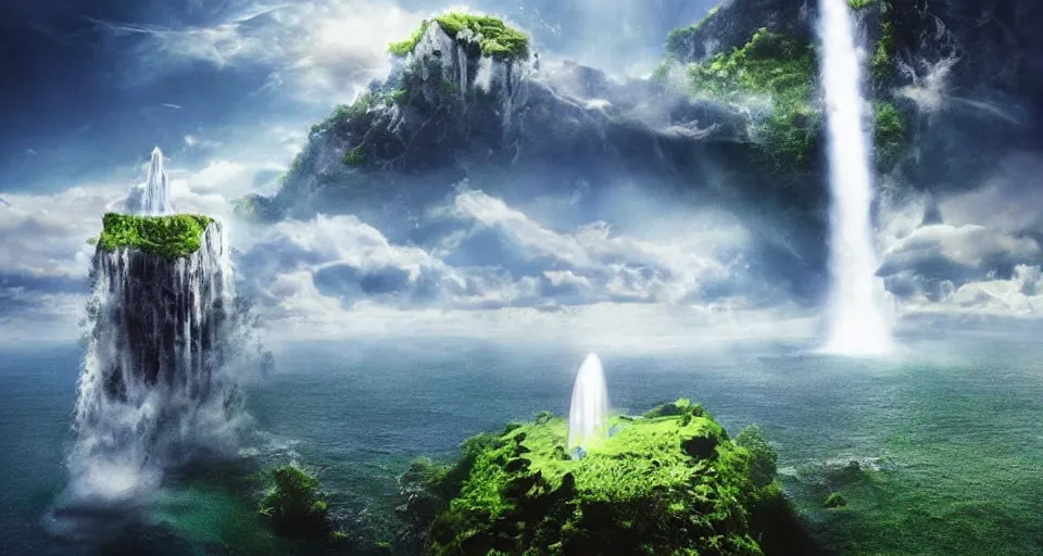 Prompt: A magnificent floating island in the sky above the sea, defying gravity, waterfall falling down, epic lighting, epic composition, cinematic, highly detailed