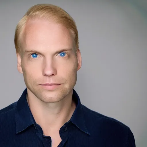 Image similar to photograph of a blond male, middle aged balding superhero, with dark blue eyes and very pale skin