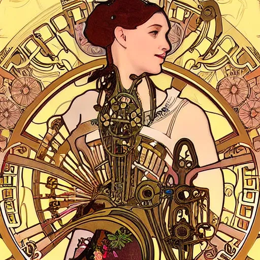 Prompt: brass semi - mechanical woman, portrait, floral art novuea dress, art by alphonse mucha, in steampunk cityscape designed by victor horta, golden hour, robotic prosthetic limbs, symmetrical