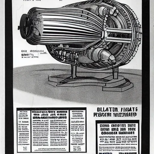 Image similar to archive blueprints of 1 9 4 0's nuclear powered spaceship engine