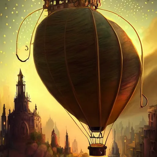 Image similar to a beautiful stunning fantasy whimsical matte digital illustration of a scene of a steampunk hot - air balloon over a lit steampunk city at night by marc simonetti, pastel color palette, disney magic the gathering steampunk!!!, chiaroscuro magical! bokeh moon stars dramatic romantic! epic breathtaking, clock tower,, trending on artstation hq, masterpiece