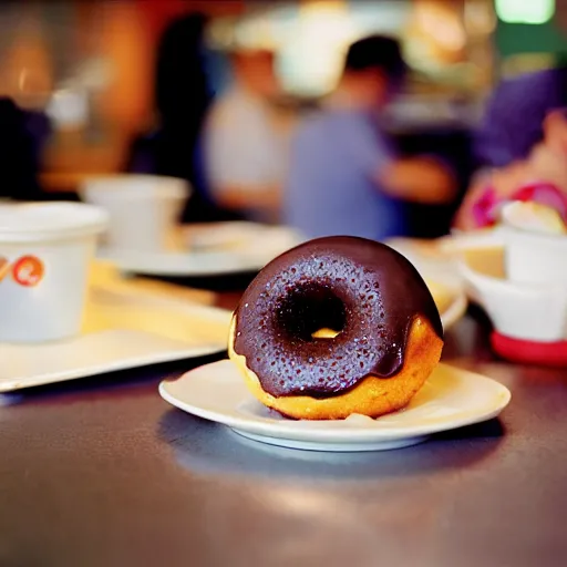 Prompt: a donut, chocolate frosting, on a plate in a busy diner, very low wide angle, in the background the diner, cinestill 800