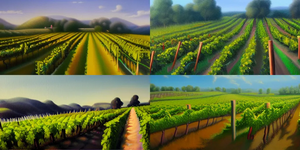 Image similar to trending on artstation, an idyllic vineyard, oil on canvas, matte painting