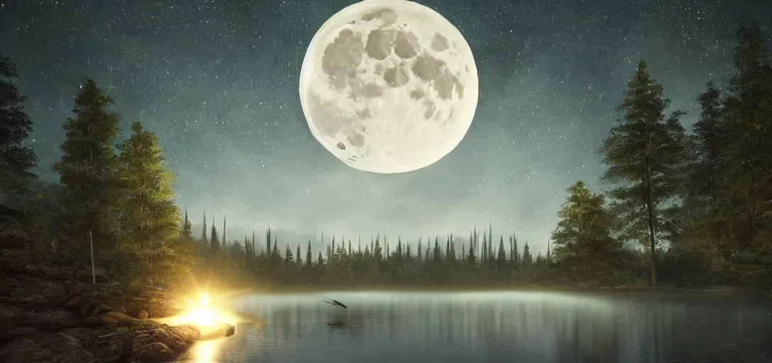 Image similar to full moon shining over a lake, forest in the background, starry night, dynamic glowing lighting, volumetric, bokeh, cinematic, establishing shot, extremly high detail, photo realistic, cinematic lighting, post processed, concept art, artstation, matte painting, style by eddie mendoza, raphael lacoste, alex ross