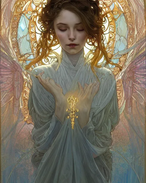 Image similar to an angel, highly detailed, very intricate, art nouveau, gold filigree, romantic storybook fantasy, soft cinematic lighting, award - winning, disney concept art watercolor illustration by mandy jurgens and alphonse mucha and alena aenami, pastel color palette, featured on artstation