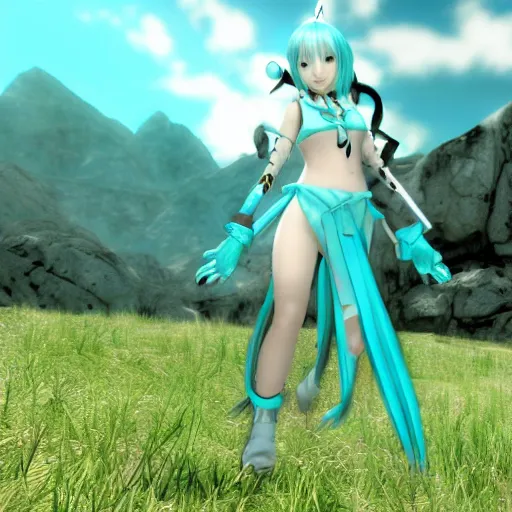 Prompt: hatsune Miku in Skyrim, game screenshot
